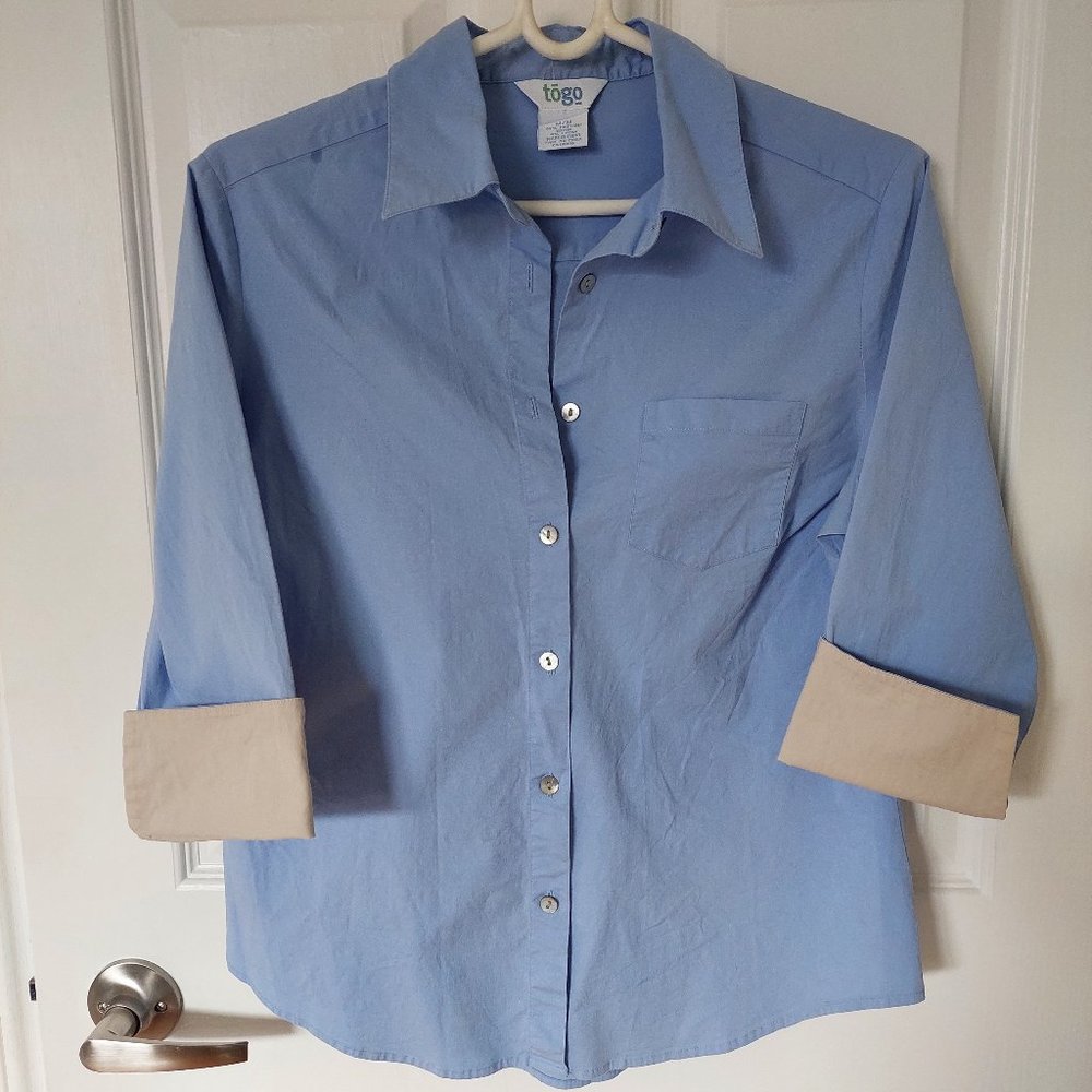 Togo Light Blue Cotton Stretch Shirt 3/4 Sleeve 2 Color Cuffs, Size M